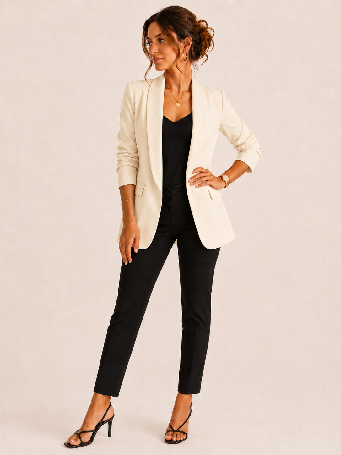 Cream Gathered Sleeve Blazer