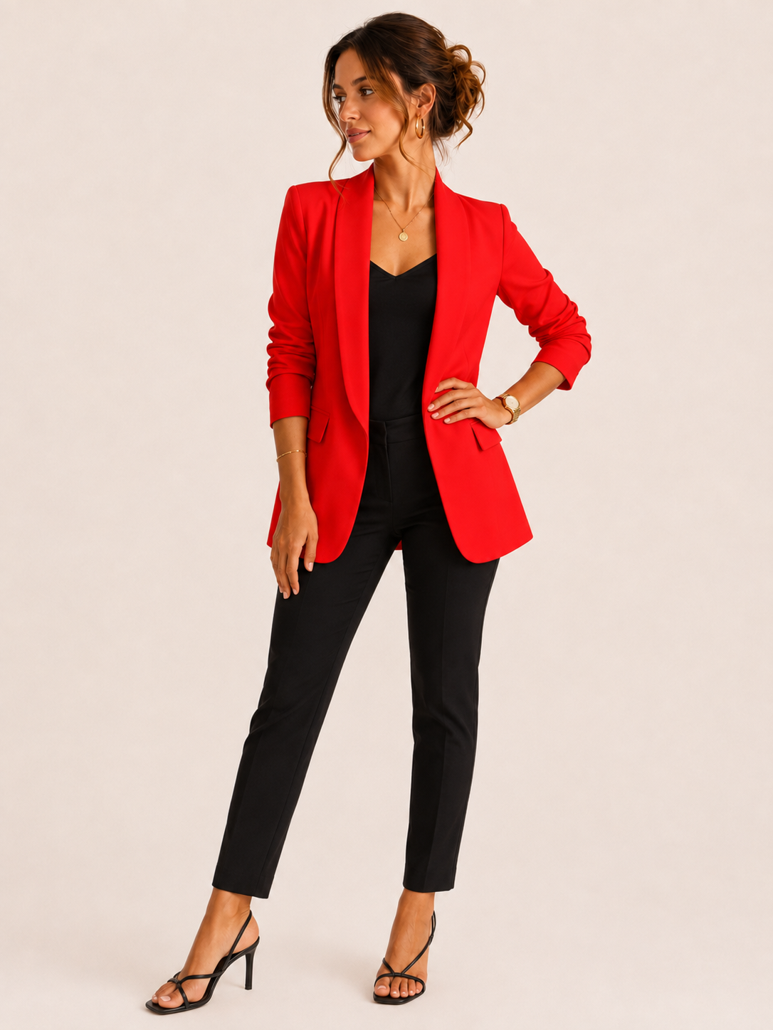 Red Gathered Sleeve Blazer