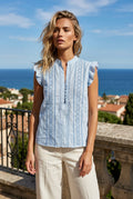 Embroidered Sleeveless Half Button Shirt Blue