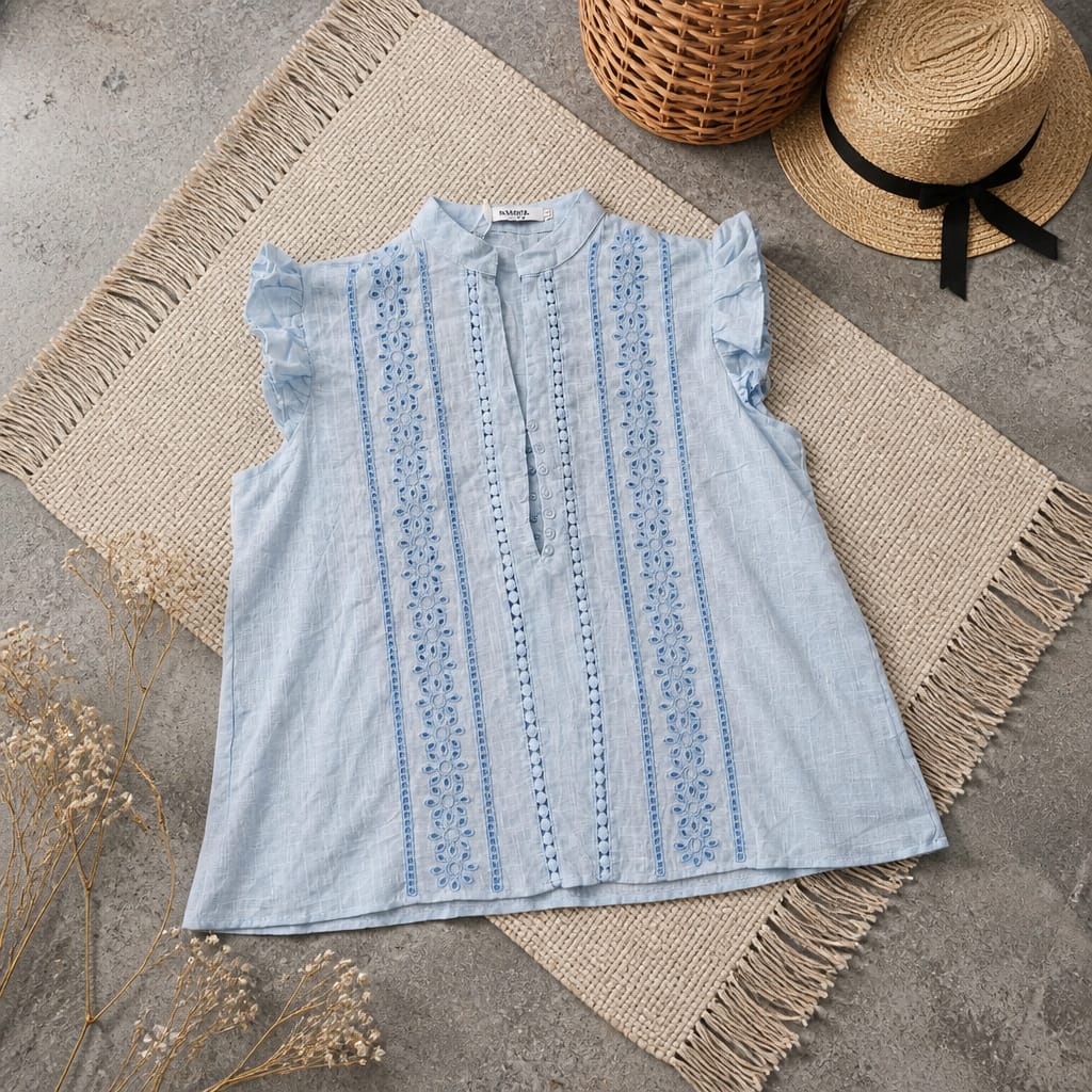 Embroidered Sleeveless Half Button Shirt Blue
