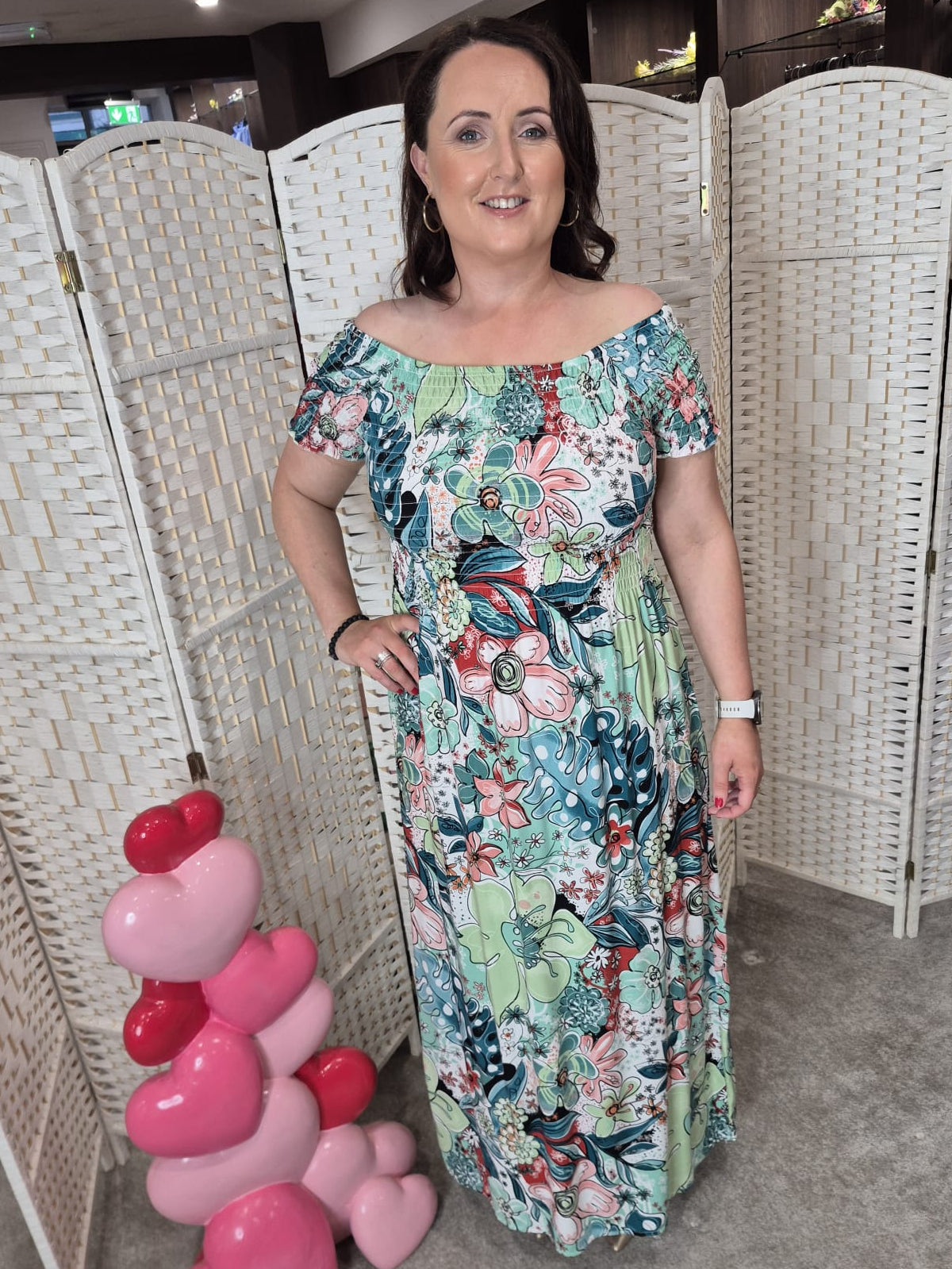 green off-the-shoulder maxi dress