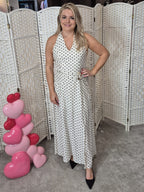 White & Black Polka Dot Halter Maxi Dress