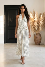 White & Black Polka Dot Halter Maxi Dress