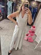 White & Black Polka Dot Halter Maxi Dress