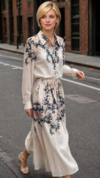 Cream Floral-Print Blouse & Maxi Skirt Set
