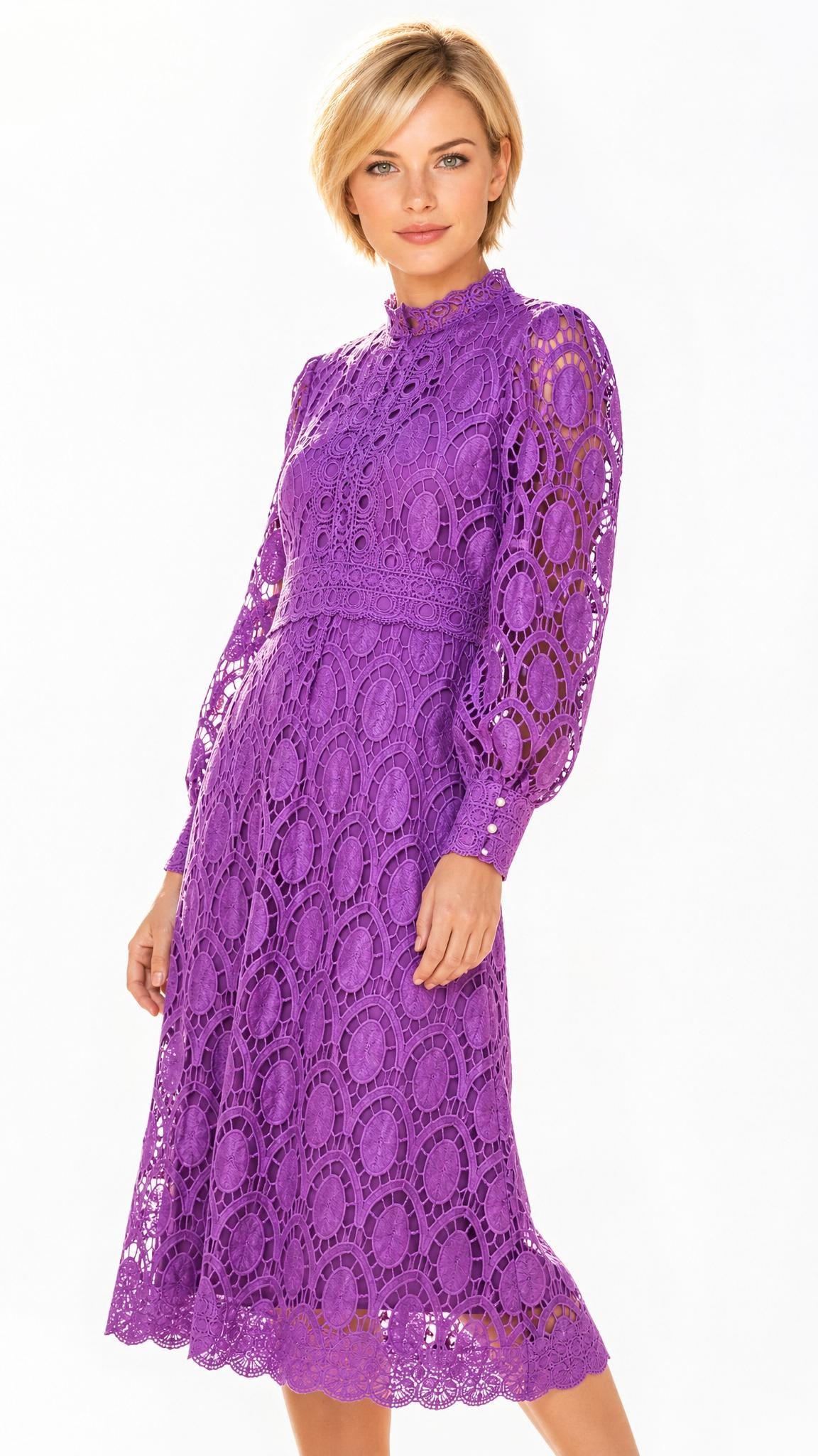 Purple Lace Dress with Gold/Pearl Buttons